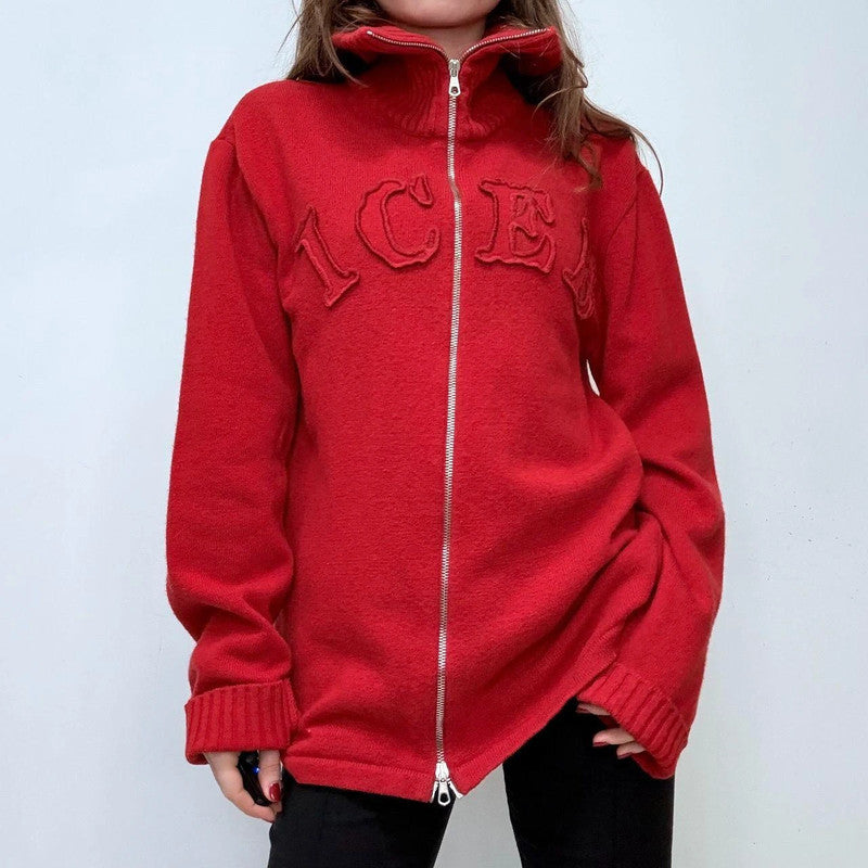 red slouchy zip-up wool jumper