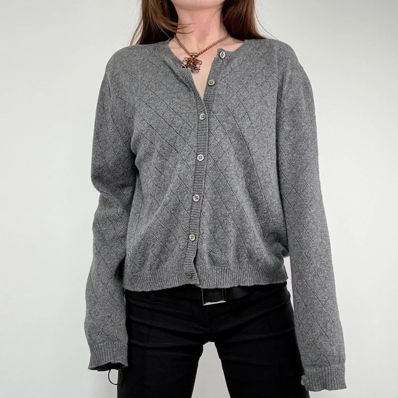 grey wool knitted pointelle cardigan