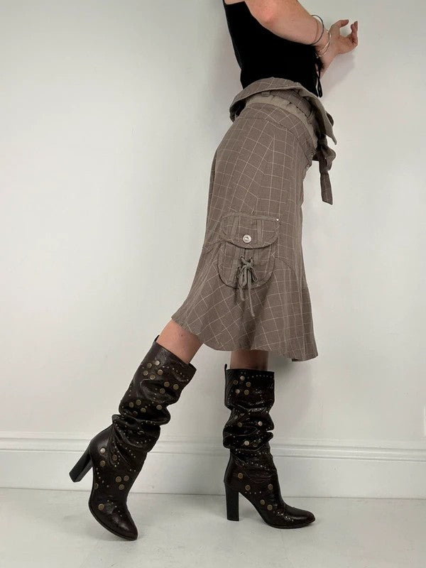 brown tartan low rise flared midi skirt