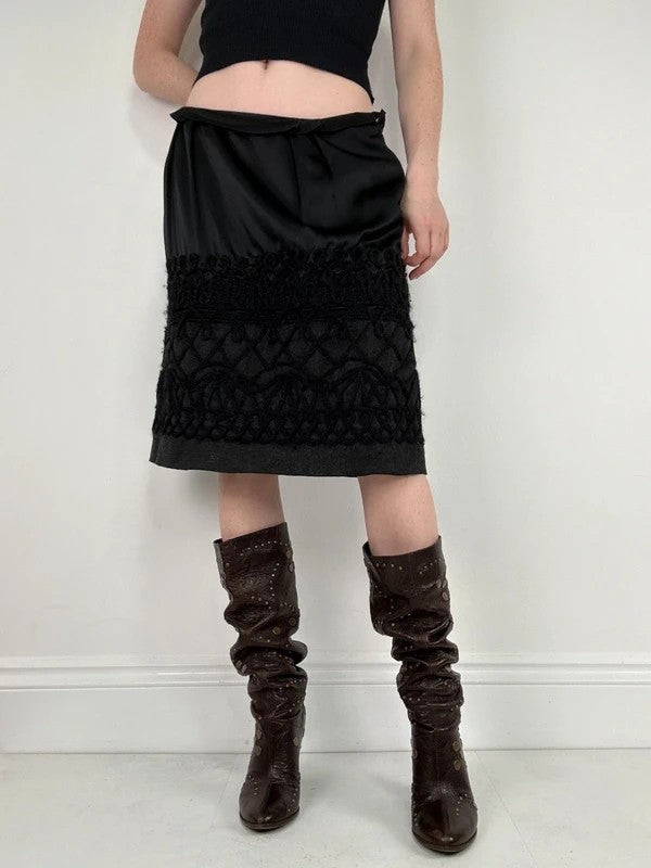 black silk embroidered napoleonic wool midi skirt