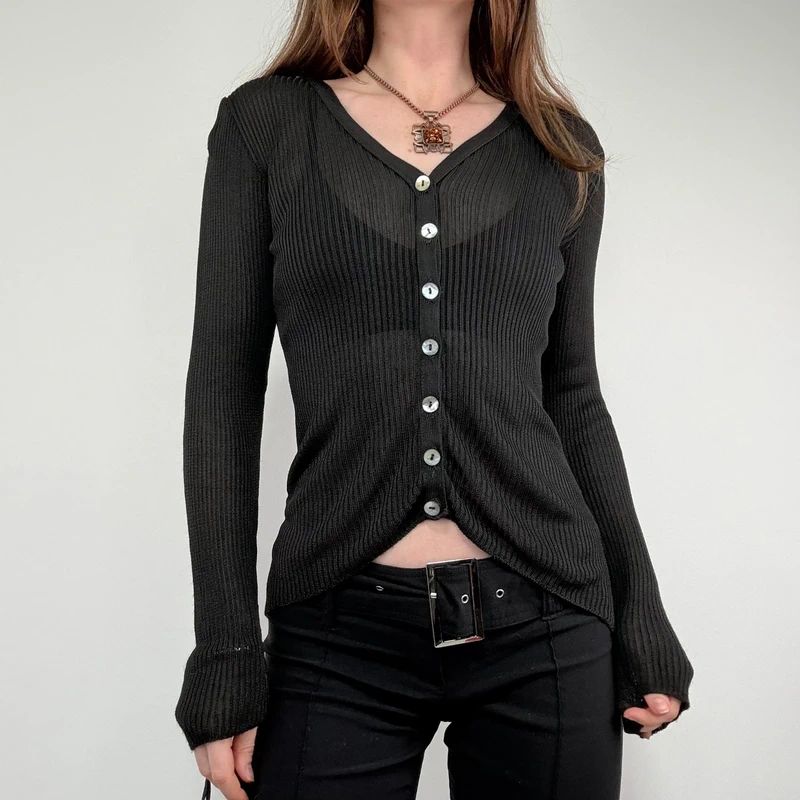 black semi sheer ribbed knit cardigan