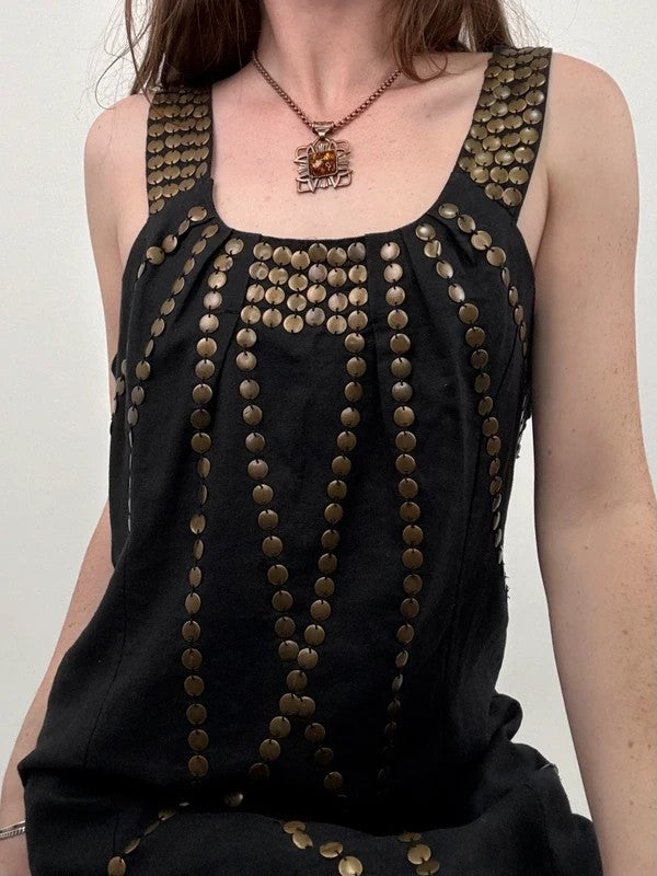 black linen metal gold studded mini Y2K party dress