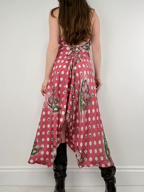 pink polkadot handkerchief maxi dress