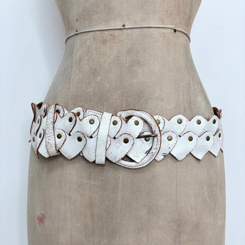 Distressed white leather heart link belt