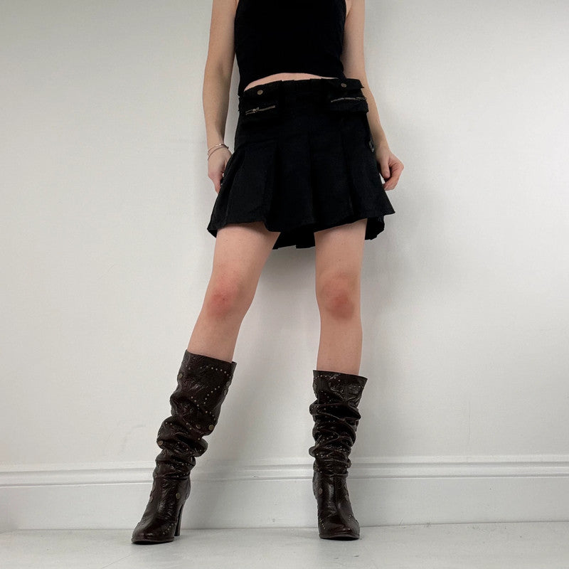 black pleated flared utility mini skirt
