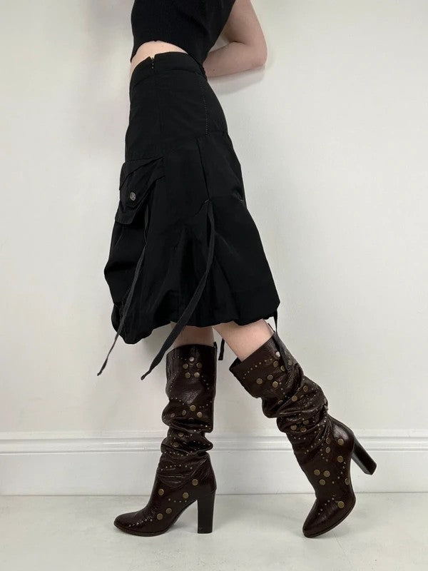 black grunge puff midi skirt