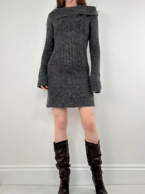 grey mohair knit slouchy off the shoulder dress