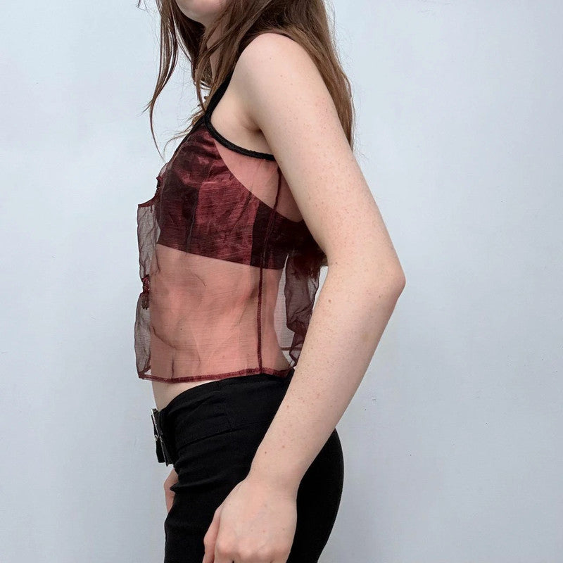 sheer red beaded tassel fray vest