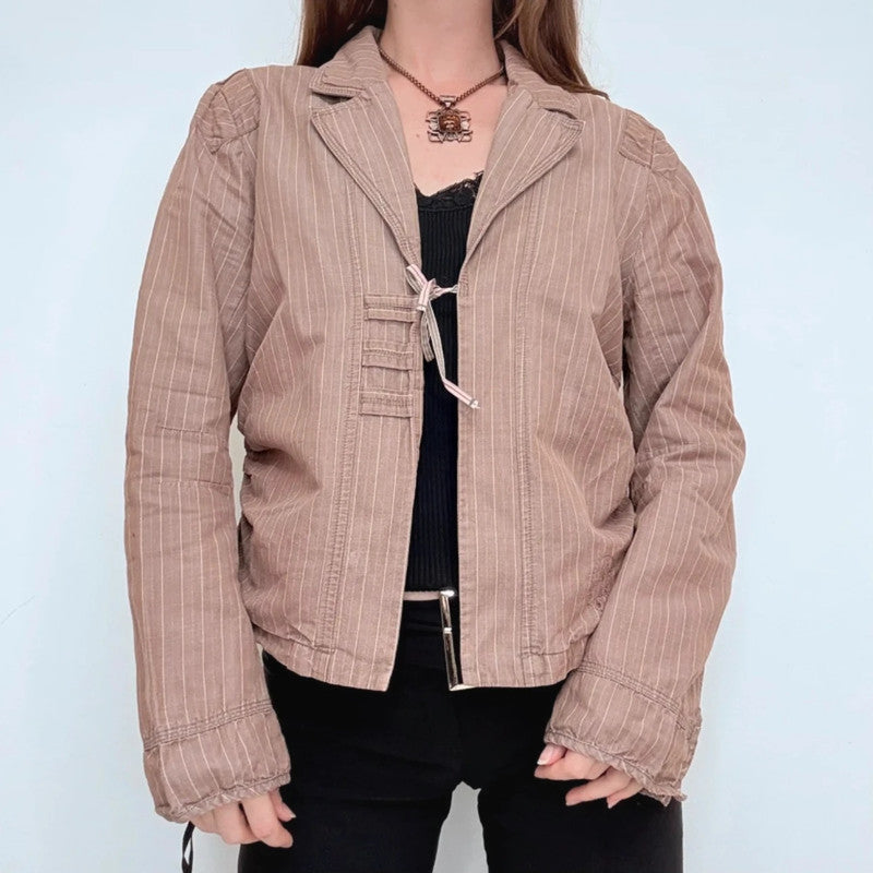 brown pinstripe fitted linen/cotton boxy pleated jacket