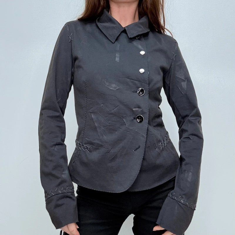 black distressed asymmetric military button jacket
