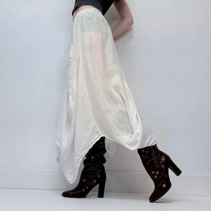 white linen draped puff maxi skirt