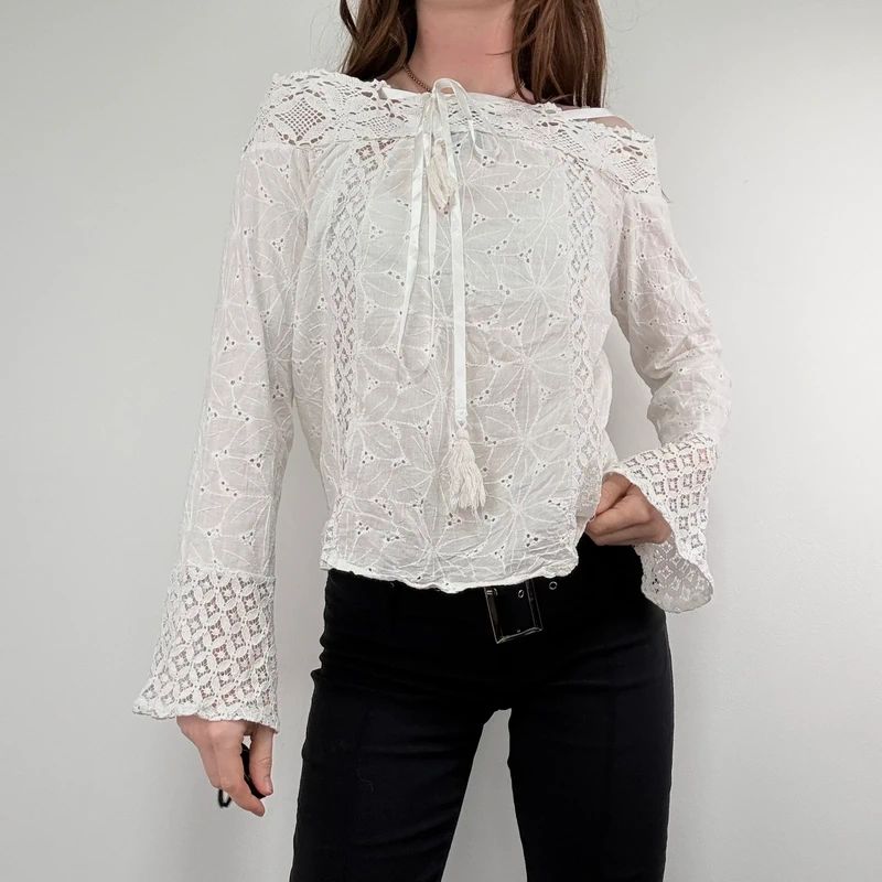 white lace embroidered off the shoulder lace blouse