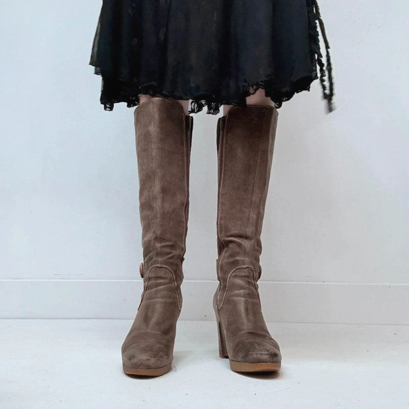 Brown leather wedge knee high boots
