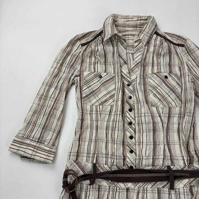 brown pinstripe checked drop waist dress