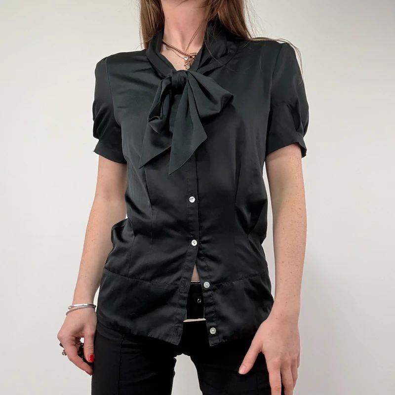 Black Satin Fitted Bow Shirt