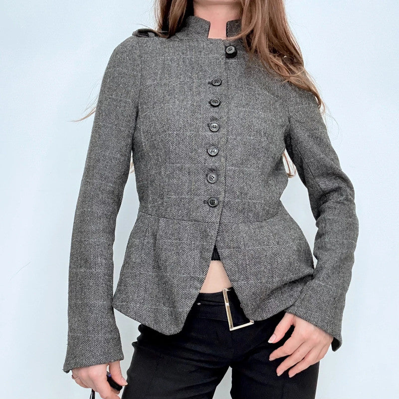 grey fitted flared high neck military jacket