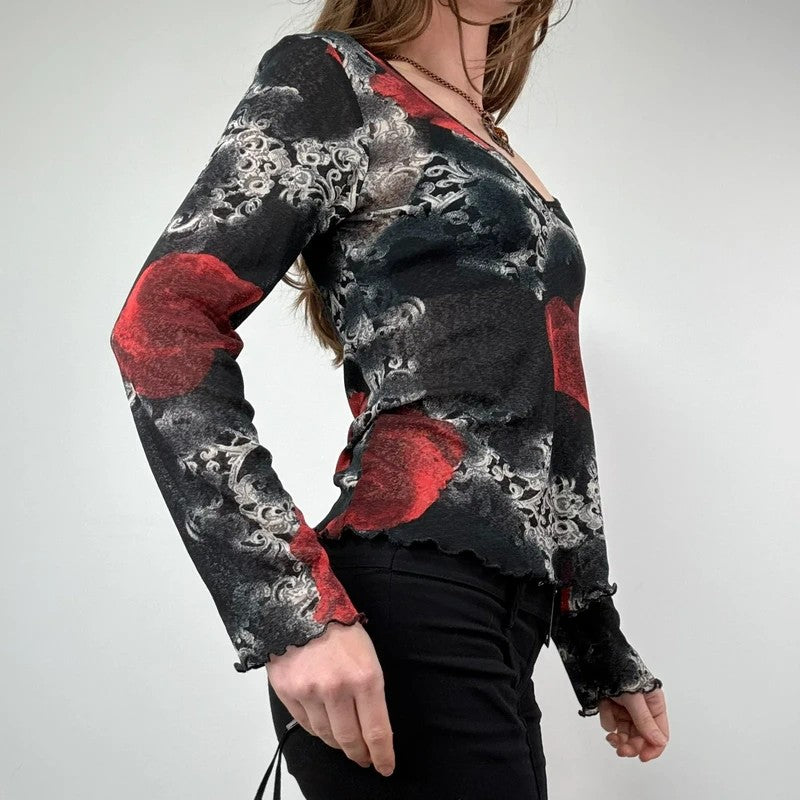 distressed floral rose print long sleeve mesh t-shirt