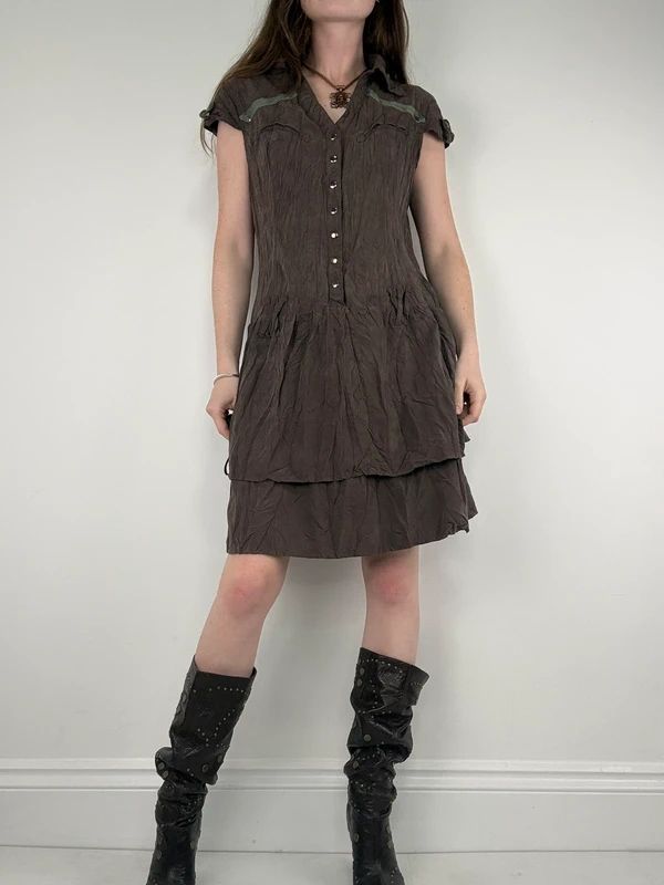 brown crinkle layered shirt dress