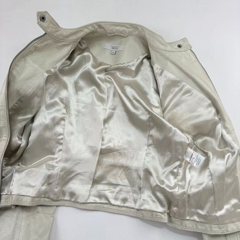 Cream Cropped Leather Biker Jacket
