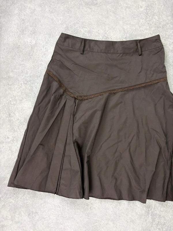 brown asymmetric waistband flared midi skirt
