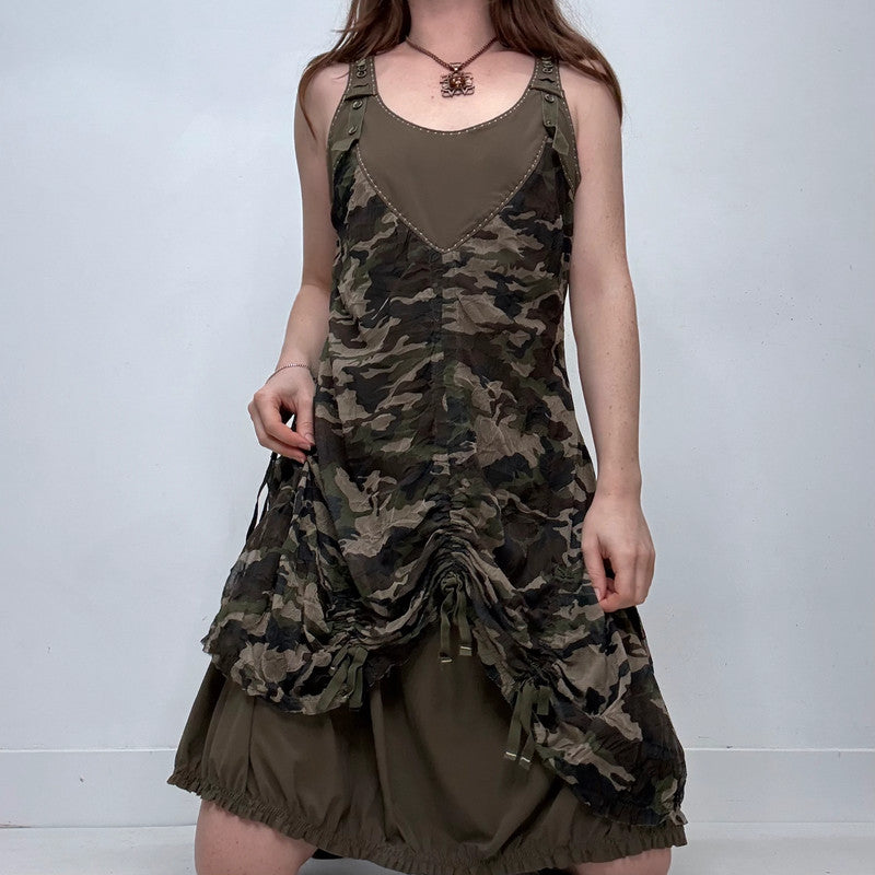 khaki graphic printed layered draped midi dress