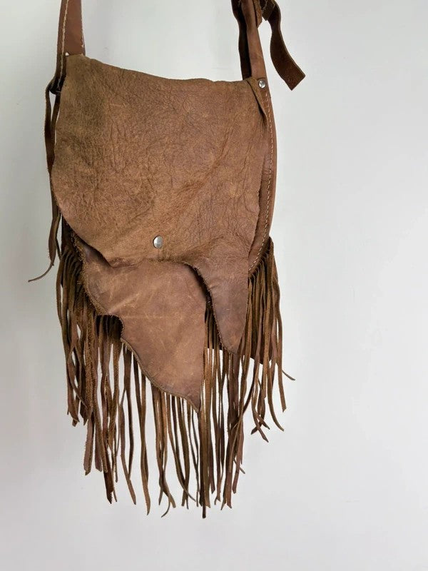 Vintage tan boho fringe satchel suede bag