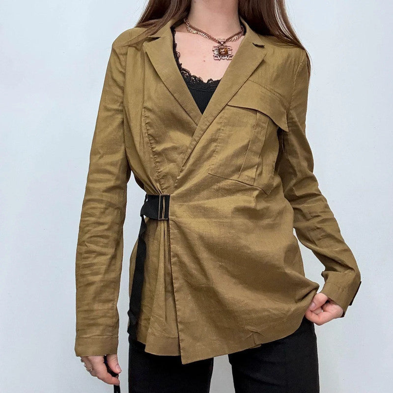 tan asymmetric buckle shirt