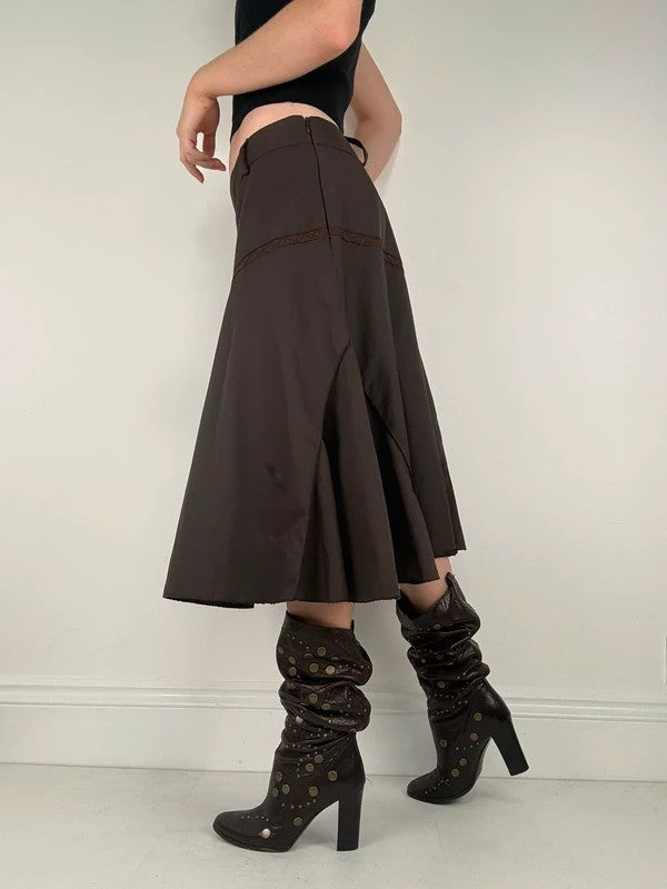 brown asymmetric waistband flared midi skirt
