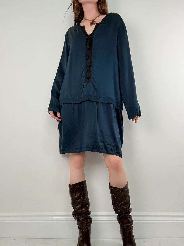 navy silk drop waist long sleeve shirt dress