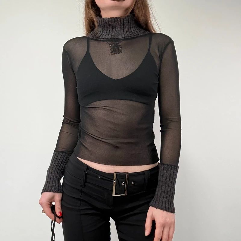 Black Ribbed Mesh Grunge Top