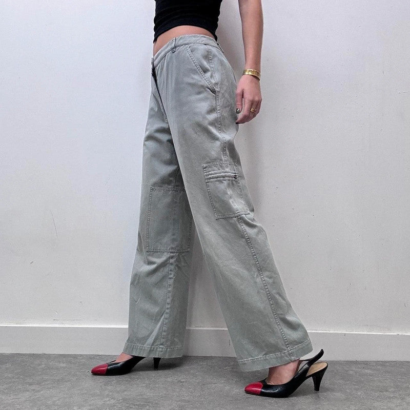 wide leg flared khaki distressed utility trousers
