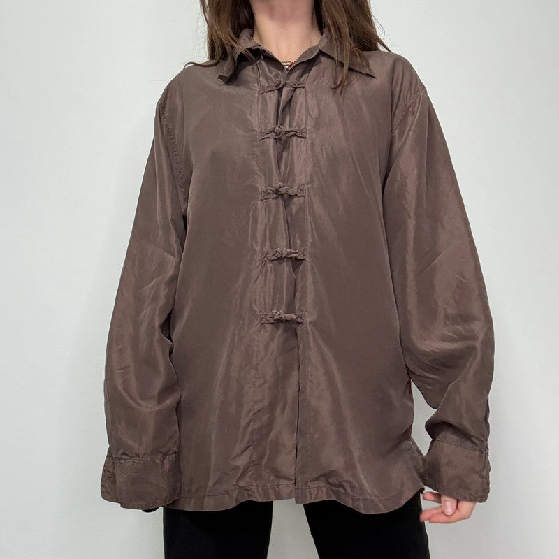 brown silk toggle shirt