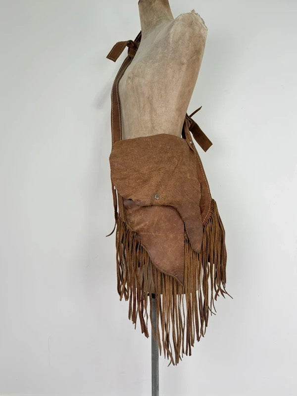 Vintage tan boho fringe satchel suede bag