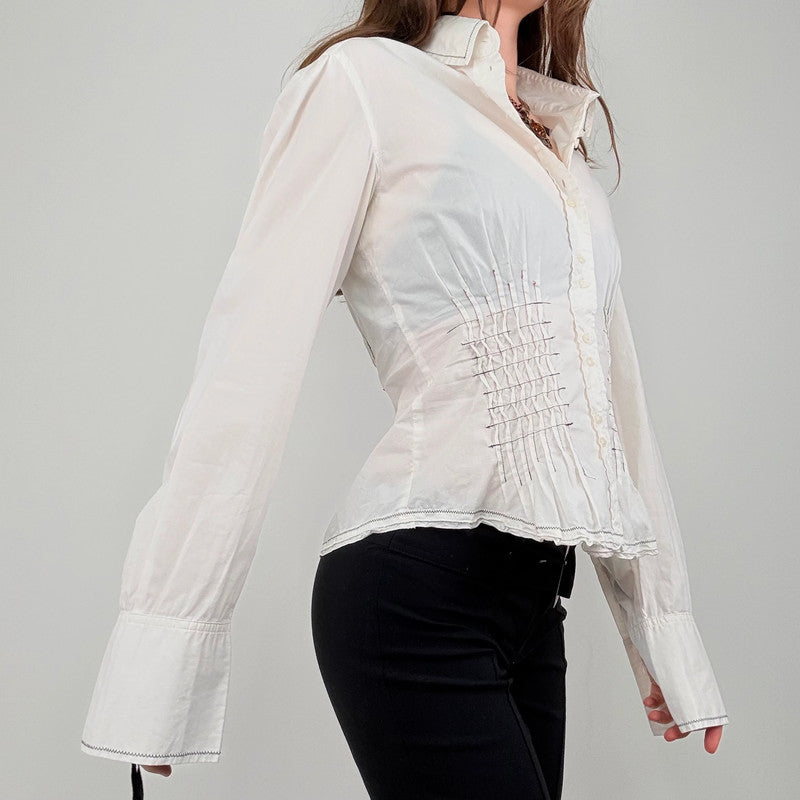 white cinched pleated flared shirt