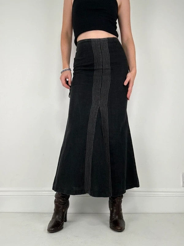 black linen high-waisted stitched flare maxi skirt