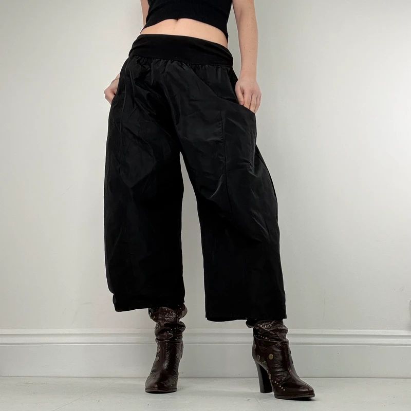 Black barrel wide leg tech trousers