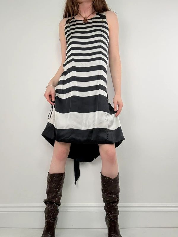 Navy and white striped asymmetric midi dress