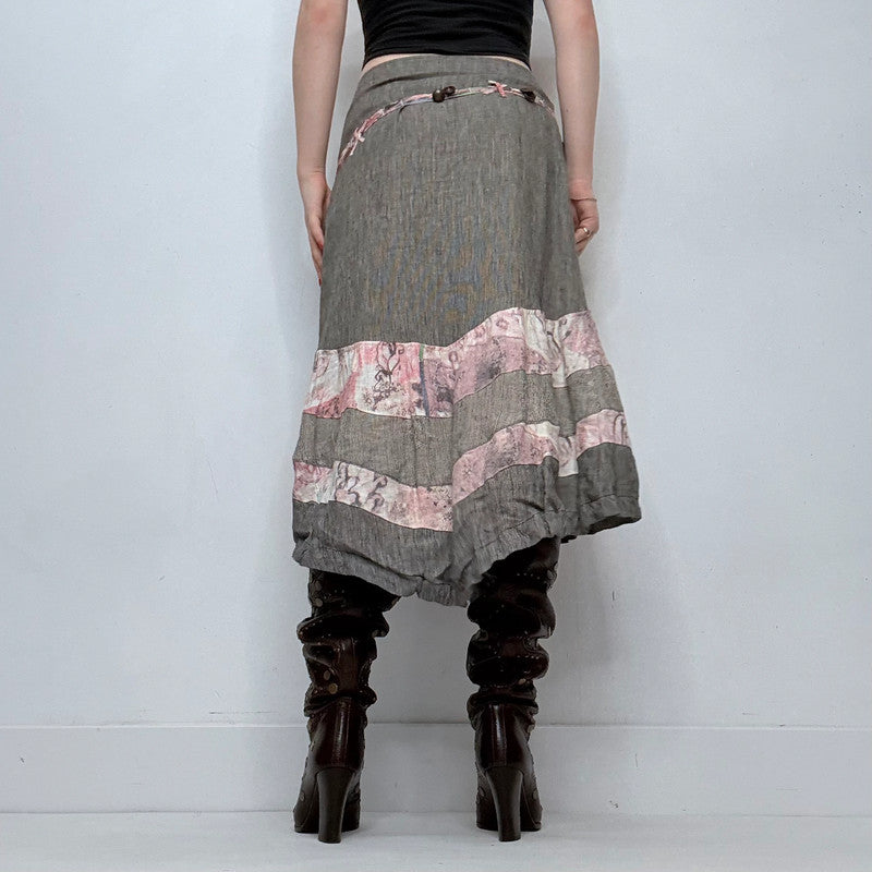 grey linen asymmetric tiered midi skirt