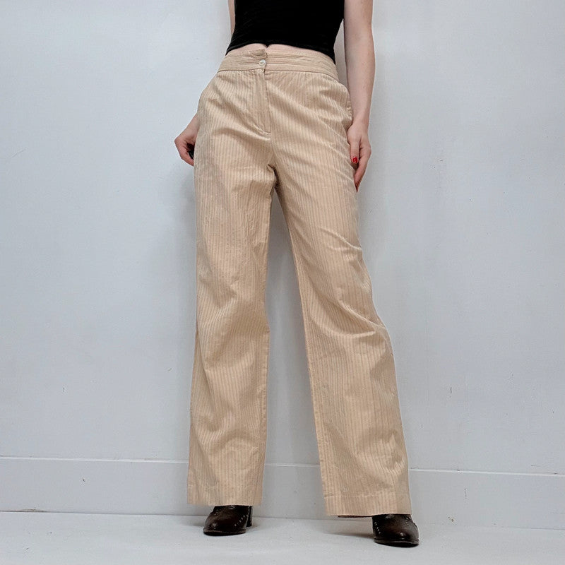 textured pleated pinstripe wide leg flared cotton pants
