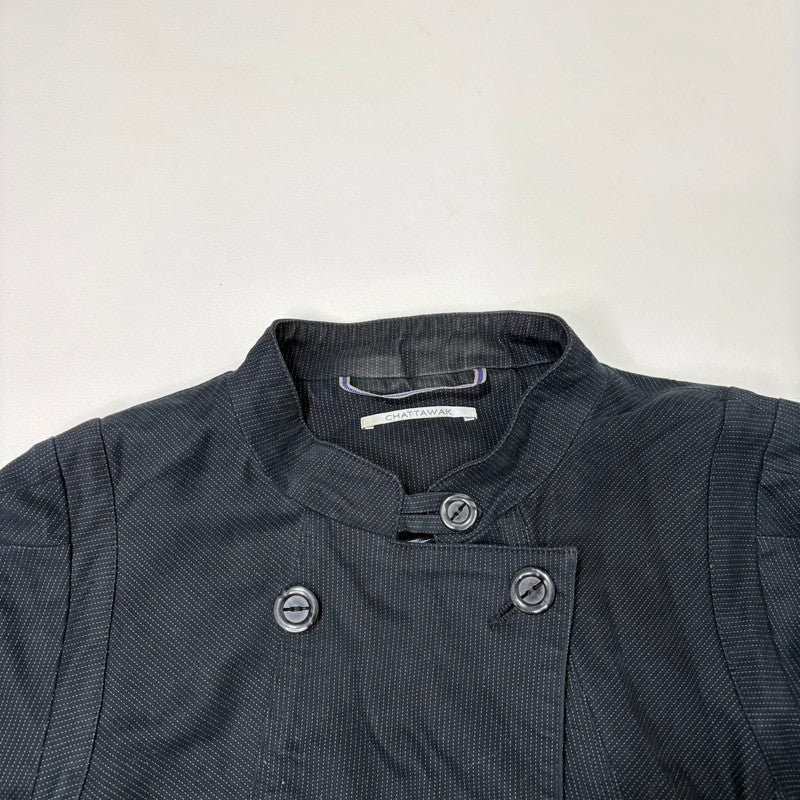 navy pinstripe fitted asymmetric jacket
