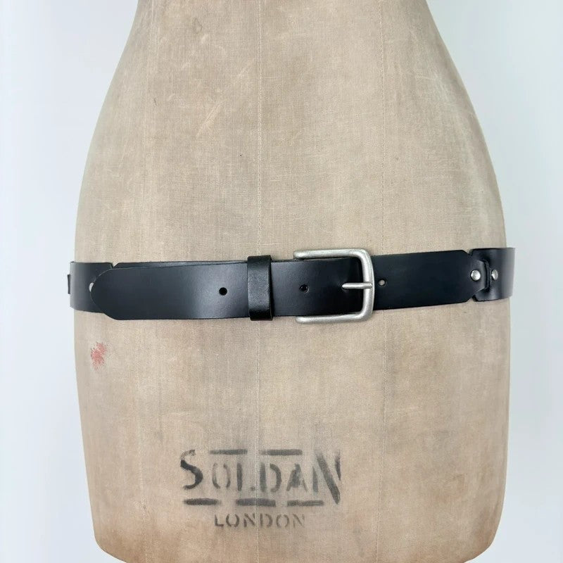 Black leather silver link belt