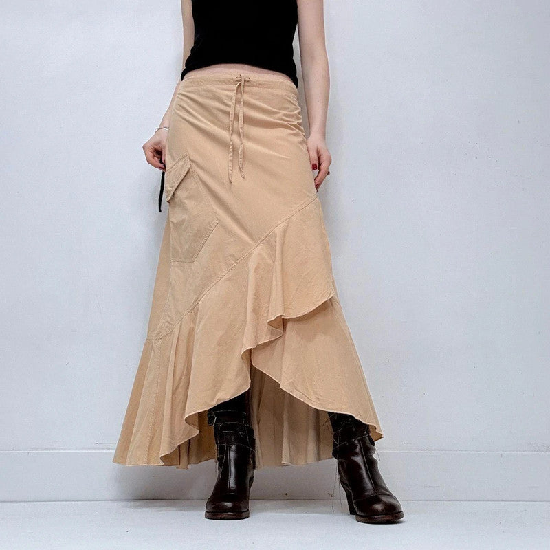 tan ruffle asymmetric boho skirt