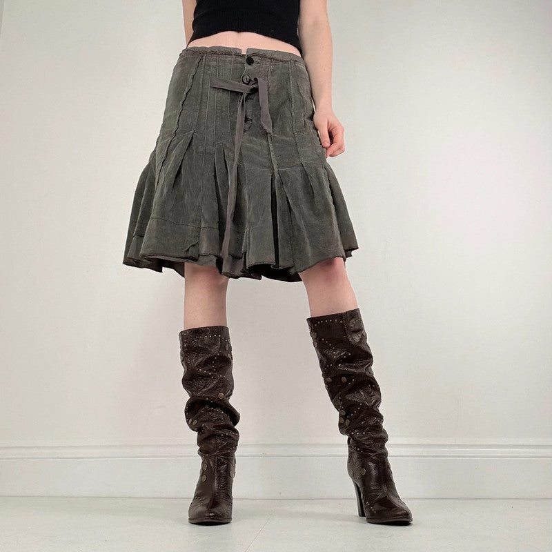 khaki pleated flared utility skirt
