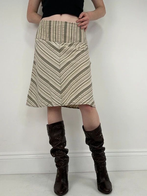 khaki striped chevron pinstripe midi a-line skirt