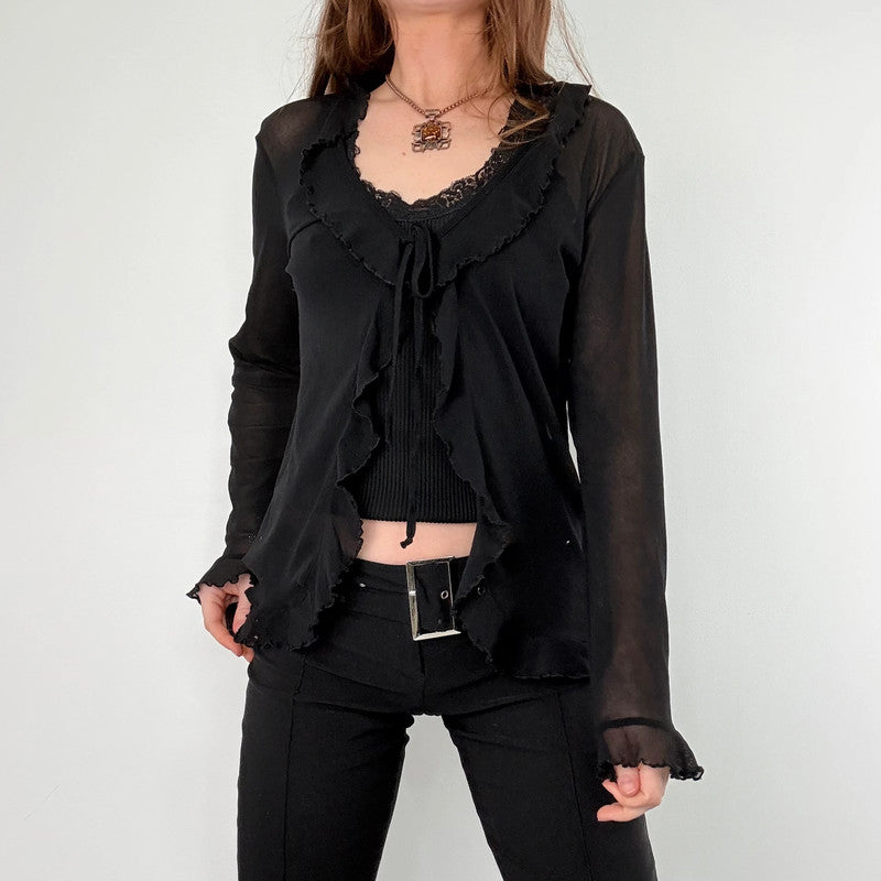 sheer black flutter ruffle top