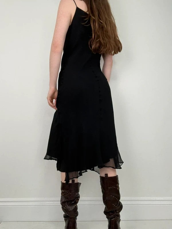 black silk bias cut layered flutter dress
