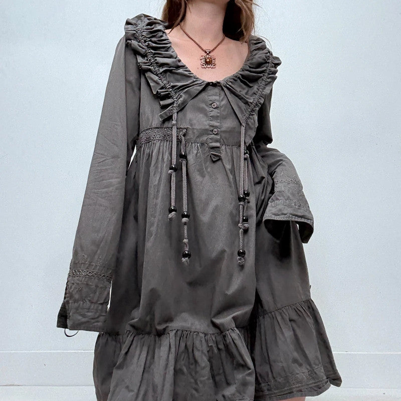 grey pleated puff shirt dress