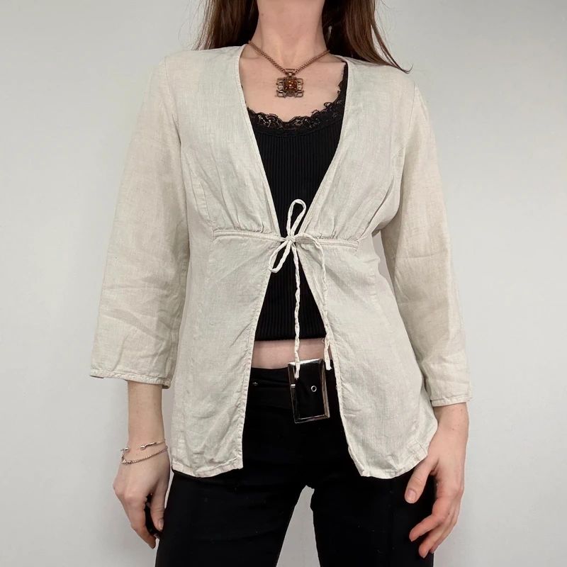 cream linen flared tie up shirt