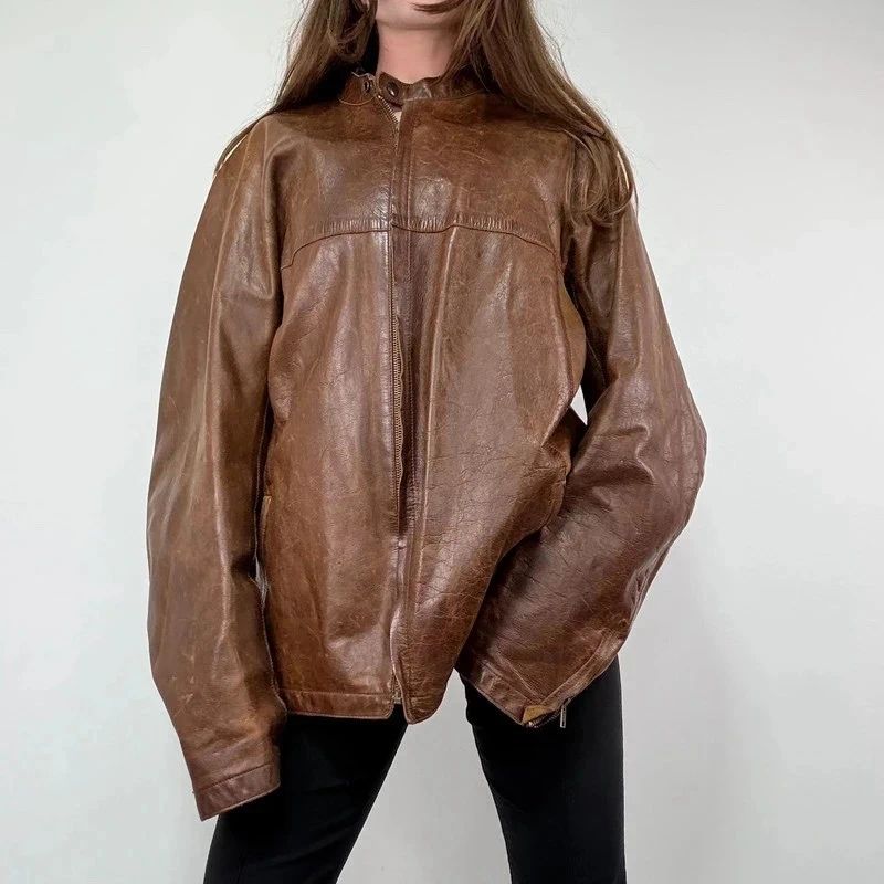 Brown Oversized Leather Bomber Jacket