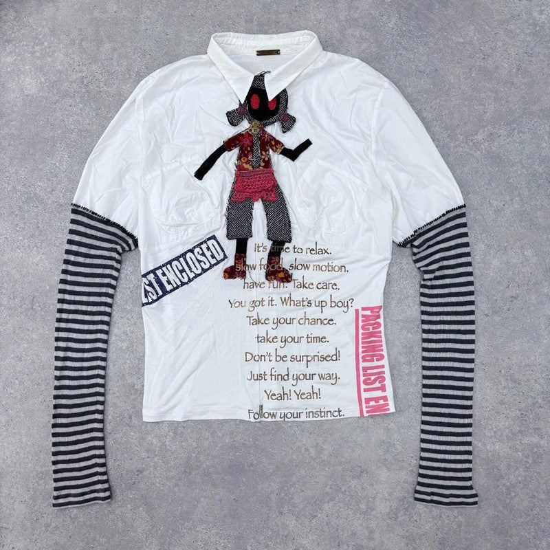 white graphic appliqué puff striped shirt